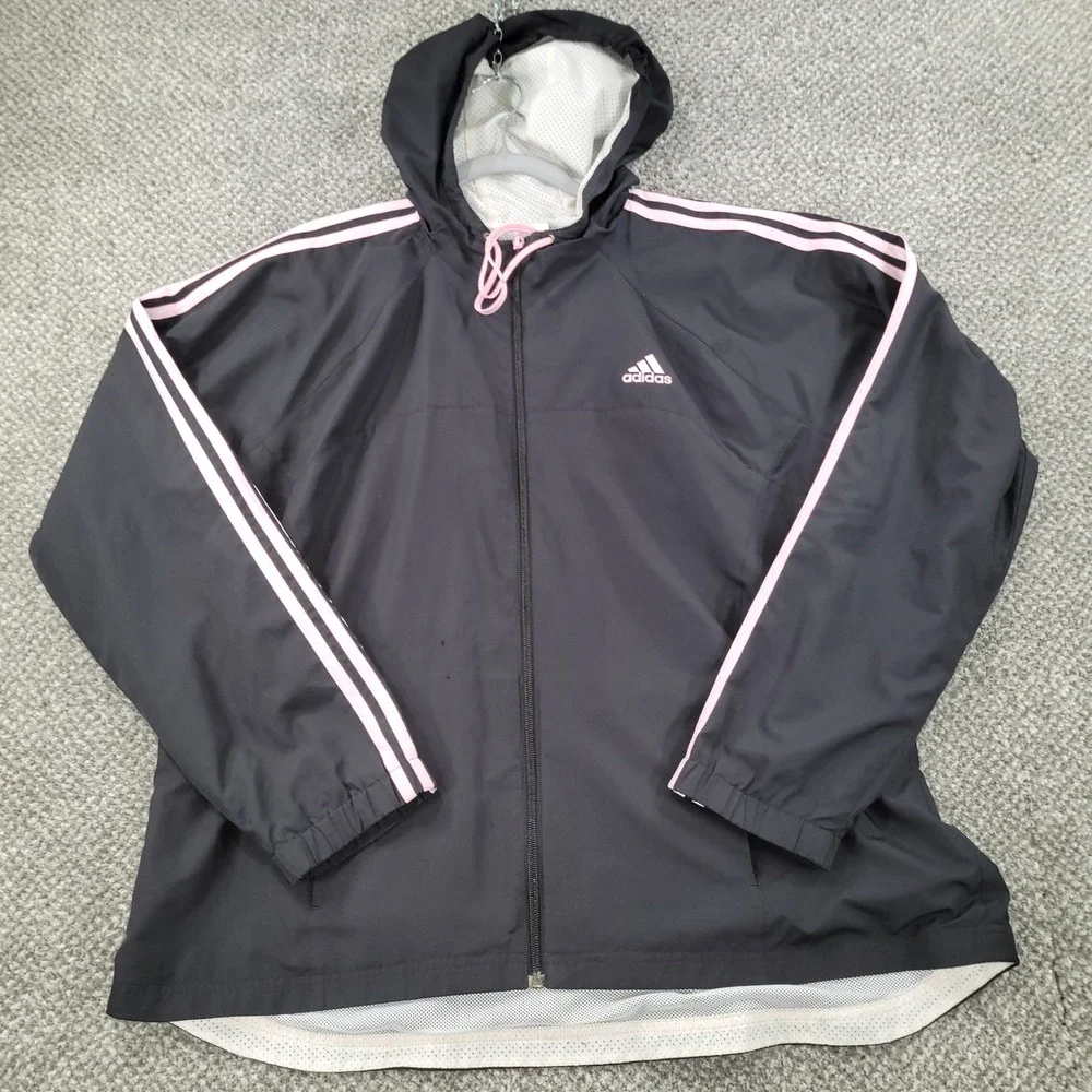 Adidas Womens 2XL Black Pink 3-Stripe Hooded Windbreaker Mesh Lined Jacket
